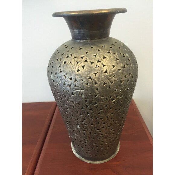 Vintage Pewter Tall Vase Ornate Leave Pattern Made In India Store Canes, Flowers - Picture 1 of 8